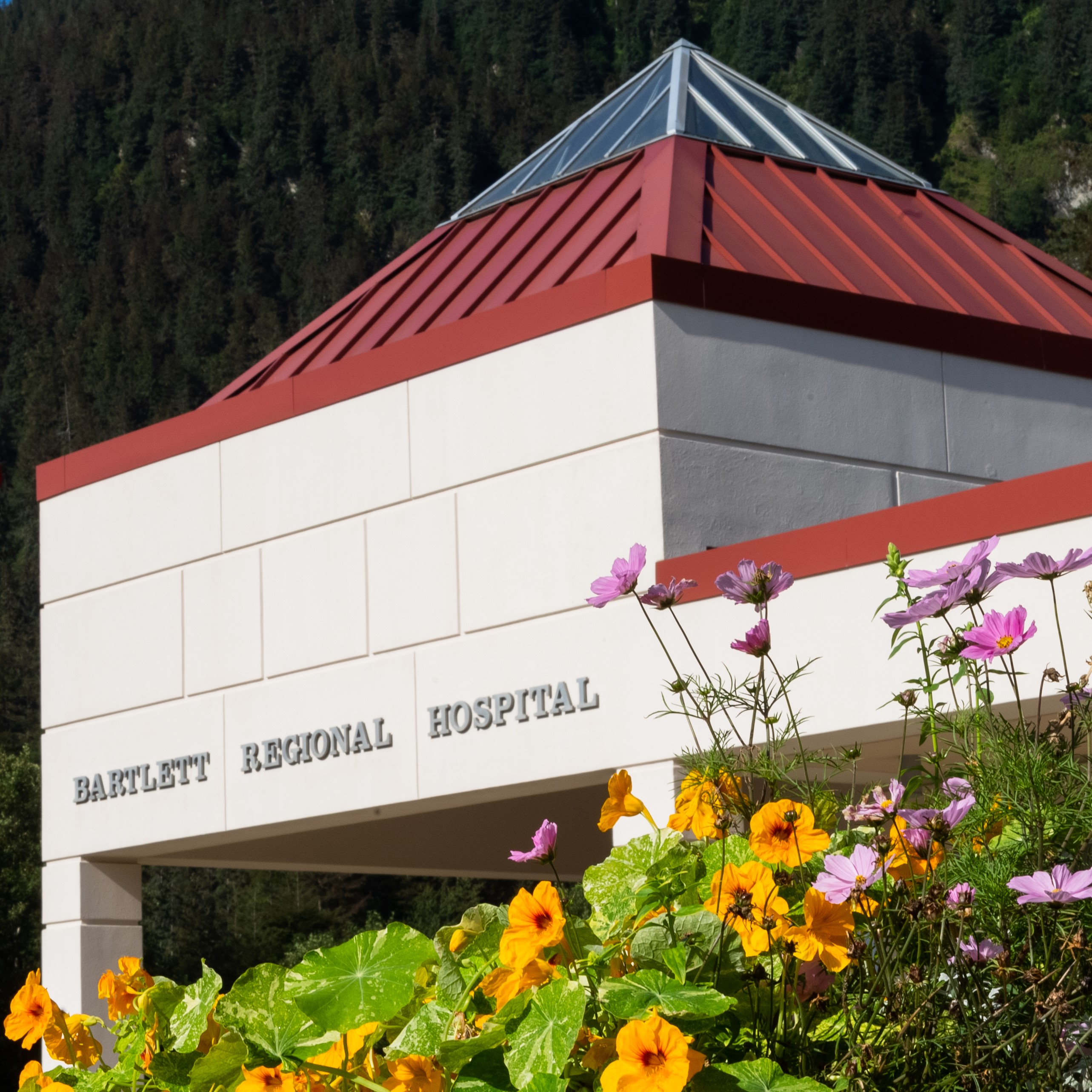 A photo of the Bartlett Regional Hospital entrace with flowers in the foreground.