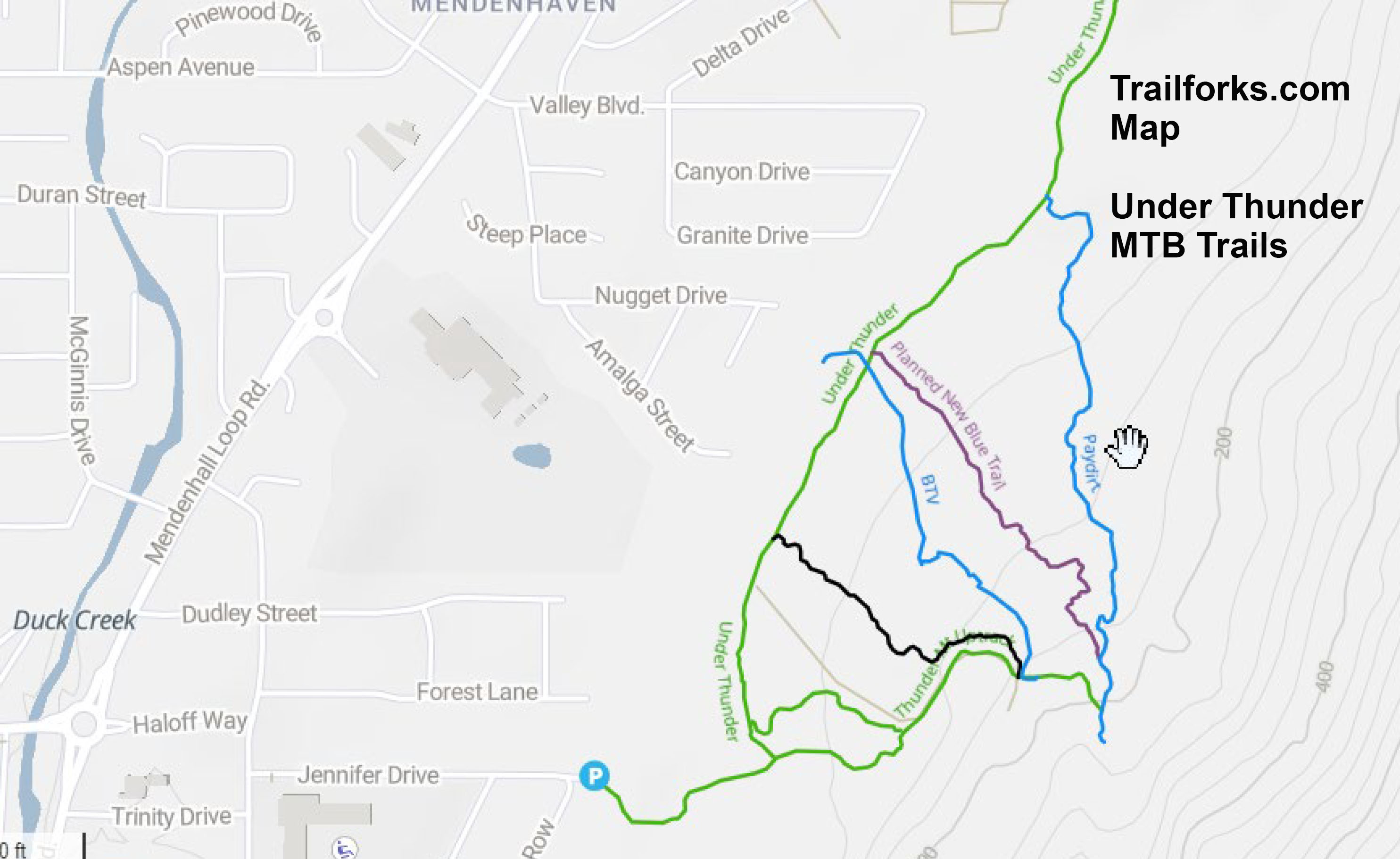 Existing and proposed mountain bike trails near the water tower on the Under Thunder Trail overlayed on a topographical map.