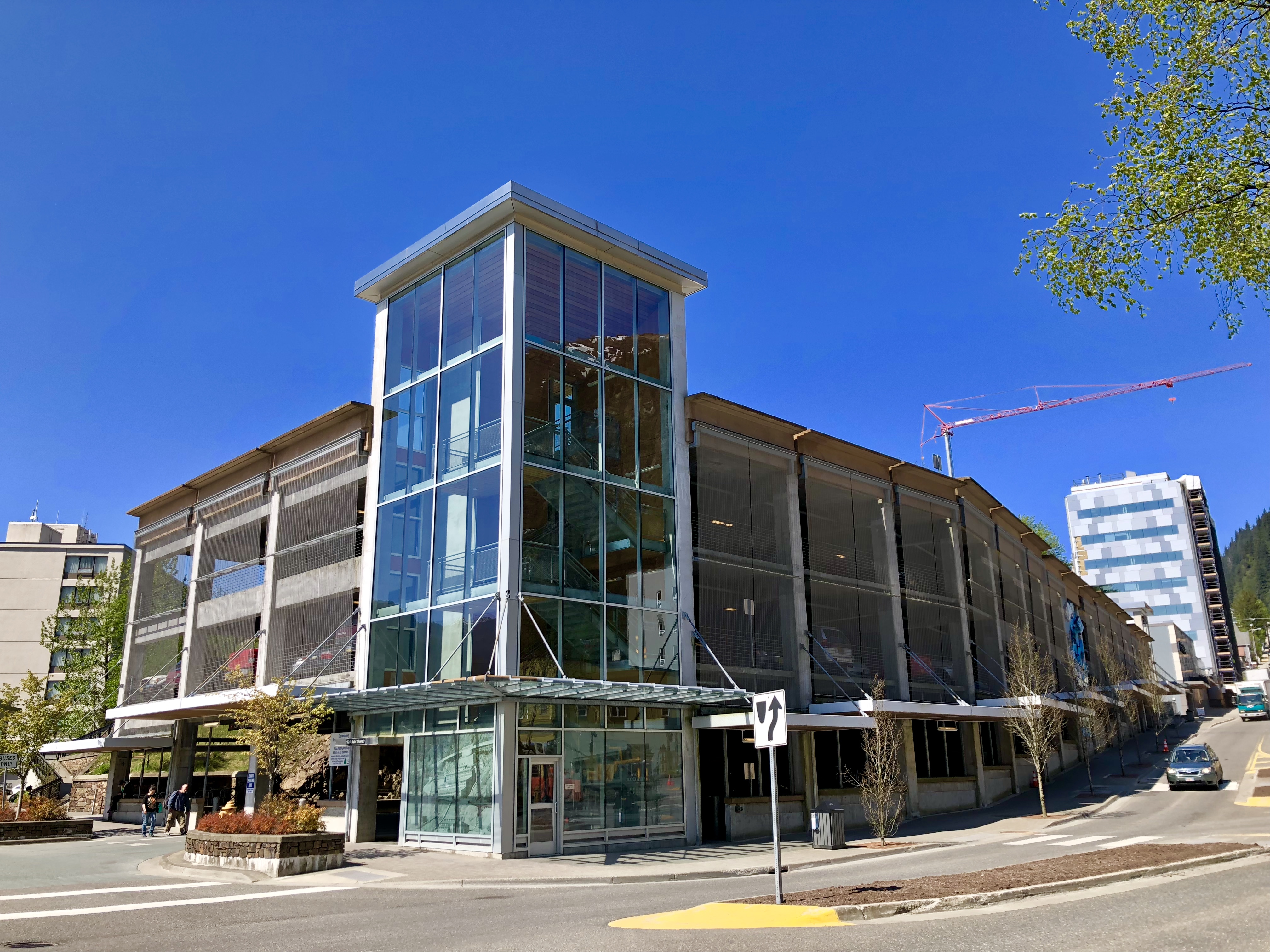 The Downtown Transportation Center parking garage on a sunny day.
