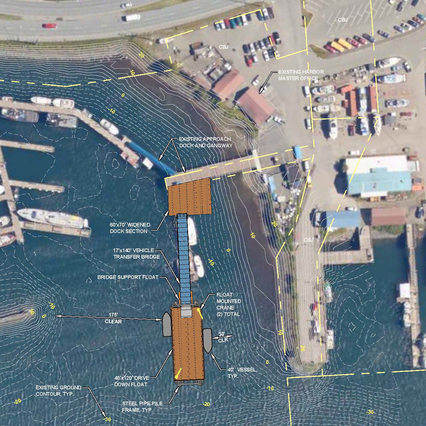 Aerial photo of the project site with the concept shown as a drawing.