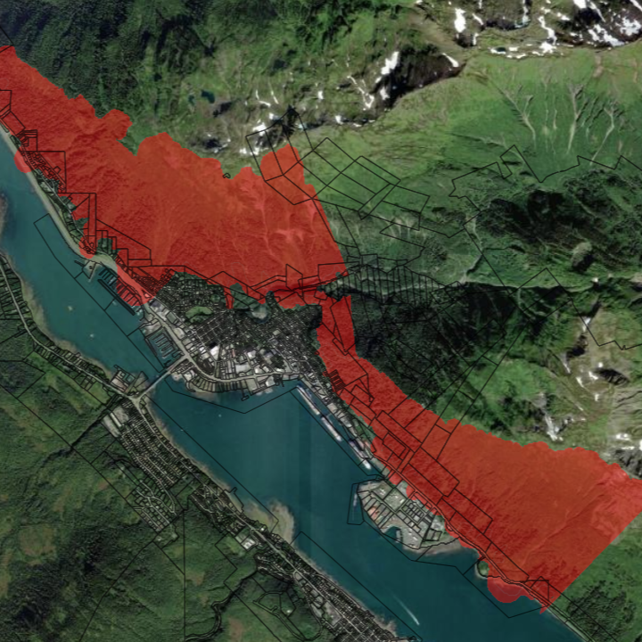 Aerial view of the Downtown Avalanche Hazard Map.