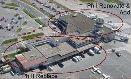 Aerial view of terminal depicting two phases of the renovation process.