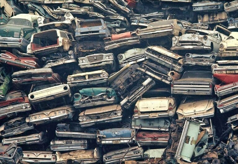 Stacks of crushed cars.