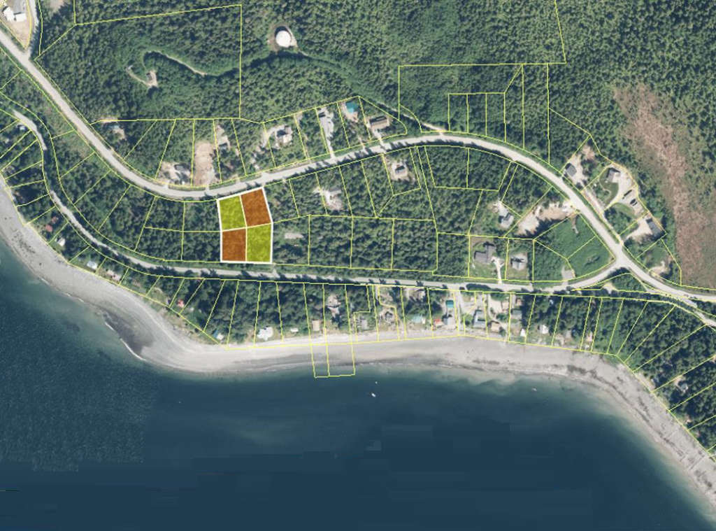 This is an aerial view of the South Lena Subdivision area. The area comprising the four lots for sale are shaded in orange and yellow for clarity.