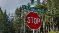 This picture shows the Karl Reishus street sign in the new Pederson Hill Subdivision.