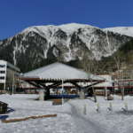 Winter shot of the Marine Park pavilion with Mt Juneau in the background.