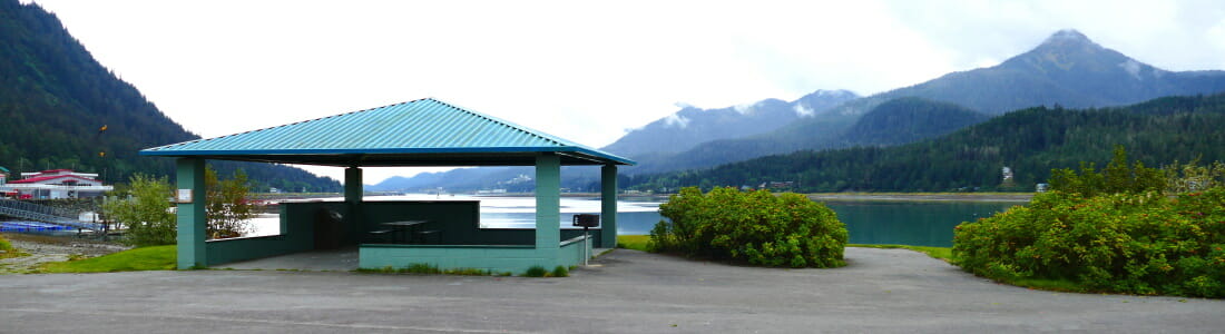 View of the Channel Wayside shelter with Gastineau Channel in the background.