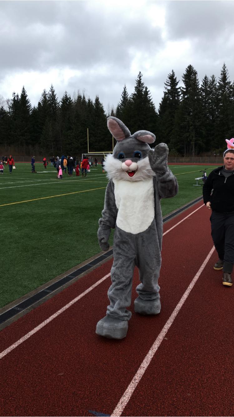 The Easter Bunny walking along the track at Adair Kennedy
