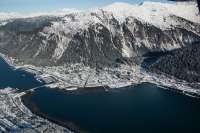 This is an aerial photo looking down on Mount Juneau, downtown, and part of Douglas.