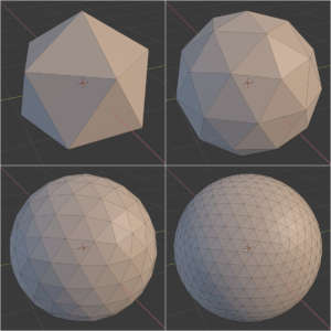 Image of four ico sphere approximations, using 20, 80, 320, and 1,280 triangular faces.