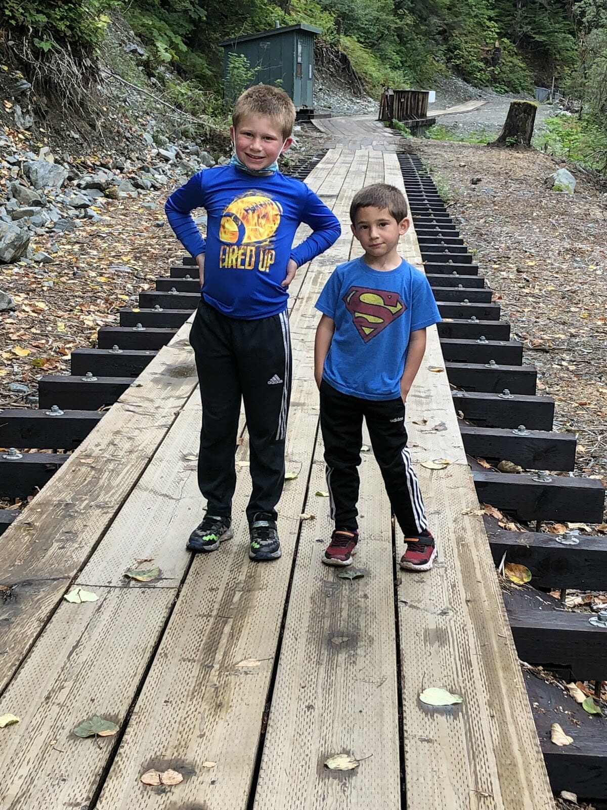 Two boys posing on the Flume trail.