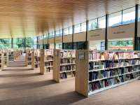 Photo of sunlit Valley Library shelves of books