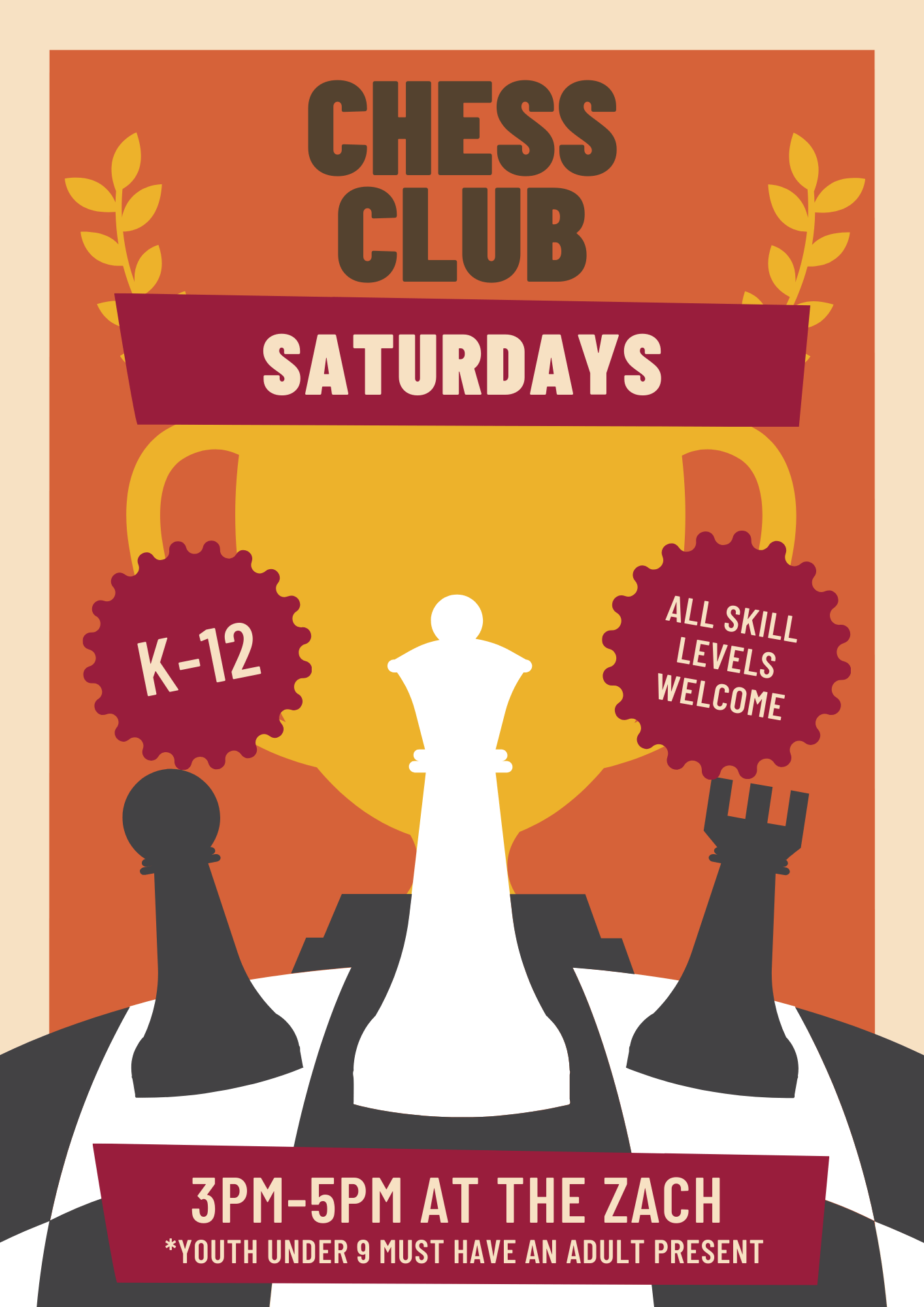 Chess club flyer Saturdays form 3-5