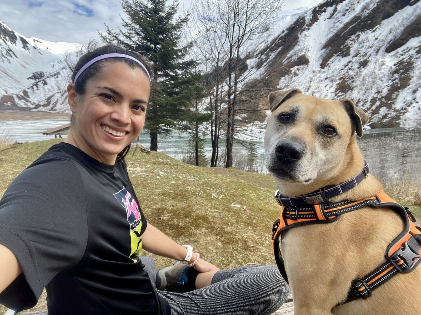 Walk Southeast 2022 participant and dog selfie at Salmon Creek Reservoir.