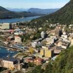Aerial view of downtown Juneau looking north along Gastineau Channel.