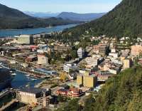 Aerial view of downtown Juneau looking north along Gastineau Channel.
