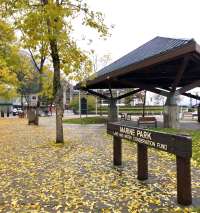 Photo of outdoor pavilion and sign reading Marine Park