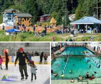 Collage of Project Playground equipment, Treadwell Rink interior, Dimond Park Aquatic Center aerial indoor view