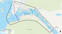Map of Juneau area delineating potential JNDC crossing locations: Mendenhall Peninsula, Sunny Point West, Sunny Point East, Vanderbilt, Twin Lakes, Salmon Creek
