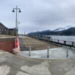 Panorama photo of freshly completed deckover, with Gastineau Channel and mountains in background