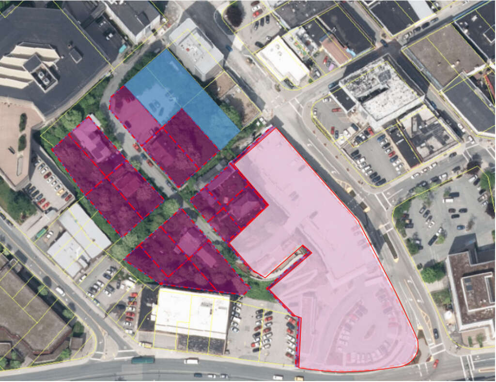 Aerial image of Telephone Hill with blocks under study to be redeveloped highlighted