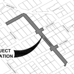 Map of Harris Street showing construction location between 7th St and 4th St