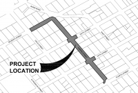Map of Harris Street showing construction location between 7th St and 4th St