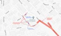 Map of Calhoun & W 7th intersection showing intersection closed to traffic and two-way traffic permitted on Indian St & W 8th St