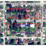 Aerial map of Dogwood Lane with area between Columbia Blvd and Mendenhall Blvd marked with red lines
