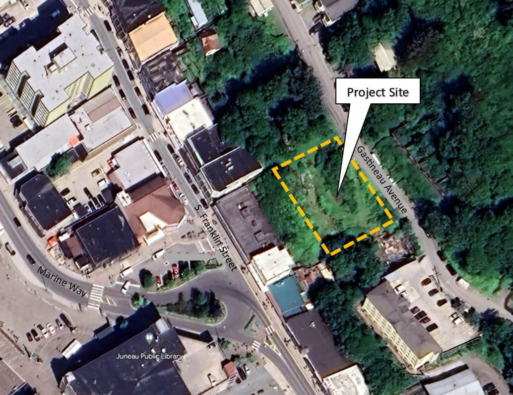 Aerial image of proposed site for Gasineau Lodge Apartments development.