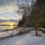 View from the snowy Jensen-Olson Arboretum grounds of sunset over Gastineau Channel.