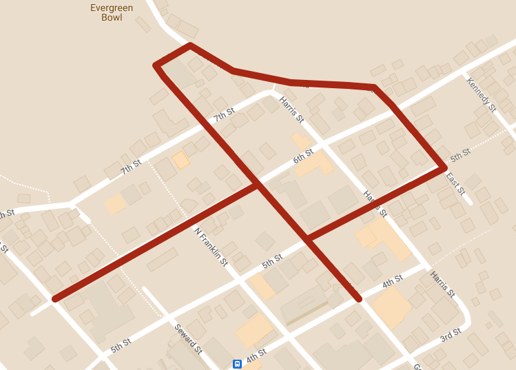Section of downtown area map with streets for snow removal marked in red
