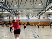 Photo from the back of a woman serving a volleyball toward players on the far side of the net