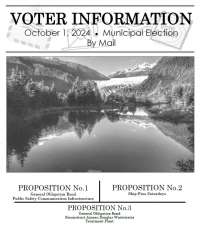 Text reads: VOTER INFORMATION October 1, 2024 Municipal Election By Mail Proposition No 1. - General Obligation Bond, Public Safety Communications Infrastructure Proposition No. 2 - Ship-Free Saturdays Proposition No. 3 - Restructure Juneau Douglas Wastewater Treatment Plant