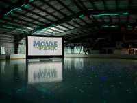 Large movie screen on the ice at Treadwell Arena