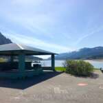 A picnic shelter overlooks Gastineau Channel on a sunny day