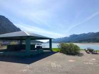 A picnic shelter overlooks Gastineau Channel on a sunny day