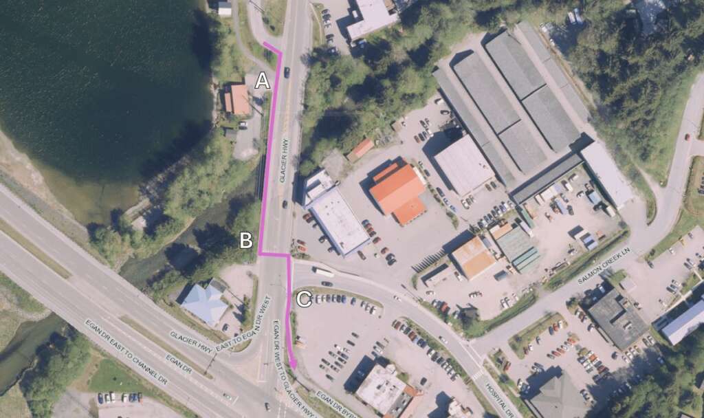 A map of where the Glacier Highway and Hospital Drive Crosswalk is. 