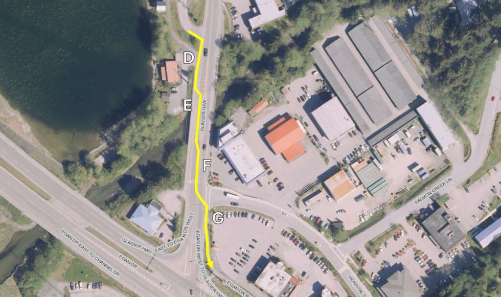 Map of how to cross Glacier Highway to Hospital Drive on a bike. 