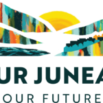 Comprehensive Plan logo, showing colored mountain with sun setting behind and the words "Our Juneau, Our Future" at the bottom.