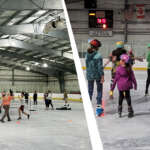 In this photo montage, roller skaters and pickleball players are active on Treadwell Arena's indoor cement surface