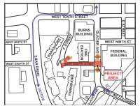 A map of road closures and detour routes on West 8th street.