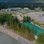 Overhead drone shot of Mendenhall River and Dimond Park