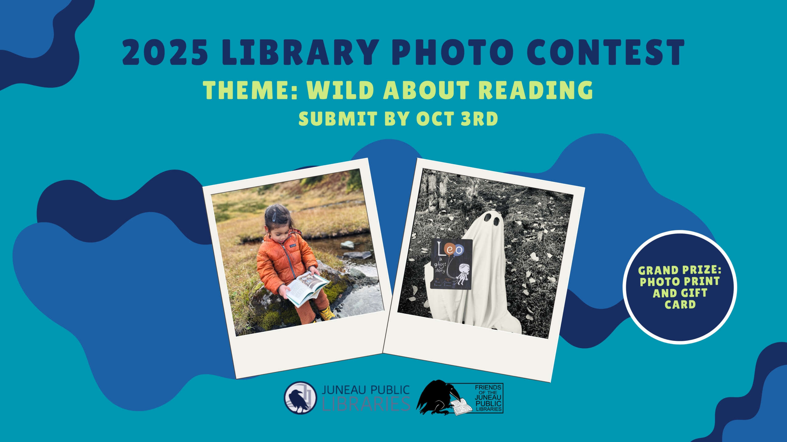 2025Photo Contest Poster 2025 Photo Contest announcement with the theme "Wild about Reading!' and two pictures of children.