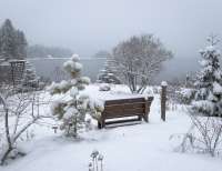 A snow covered bench in a wintry landscape