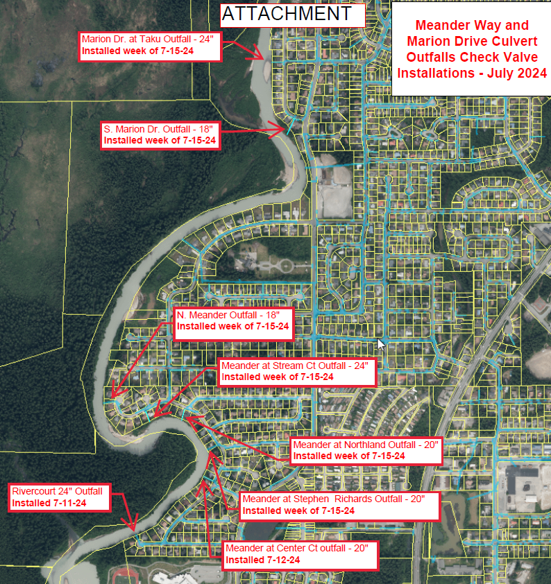 2025 Mendenhall Valley Culvert Install Map 3 Aerial map of Mendenhall Valley with arrows and text