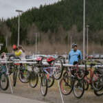 Bikes parked before a triathlon.