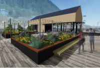 Rendering of public restrooms on downtown Juneau waterfront with flowerbeds