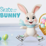 Easter bunny holding a basket of colorful eggs.