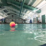 Balls float in the Augustus G. Brown shallow pool. 